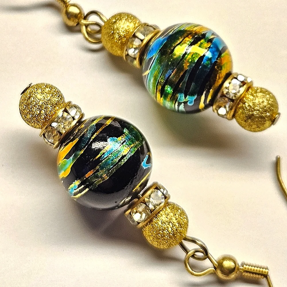 Green, Blue and Gold Beaded Earrings